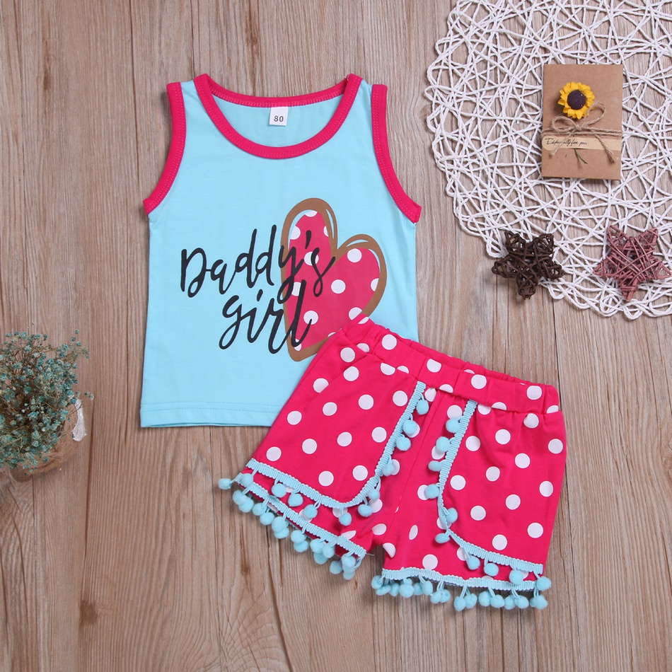 Baby DADDY'S GIRL Sleeveless Top and Pompon Decor Dotted Shorts Set